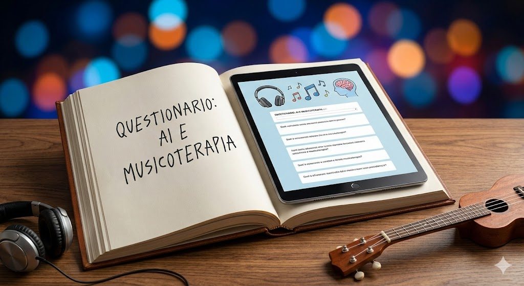 Un libro aperto con un tablet: «Questionario AI e musicoterapia»